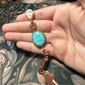 Boho Turquoise Style Copper Link Bracelet with Blue Stone & Shell Accents